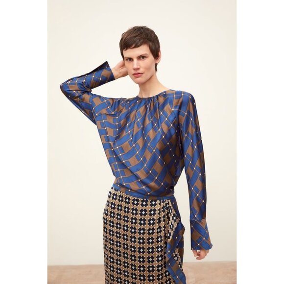 Zara Blue Brown Printed Long Sleeve Keyhole Back Blouse Women's Small S - Picture 2 of 8